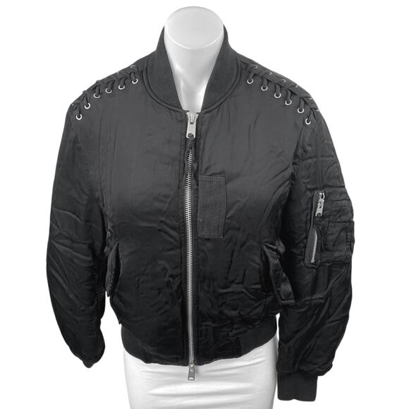 AllSaints Bree Women's Black Laced Up Full Zip Long Sleeve Bomber Coat Jacket M - Picture 1 of 6